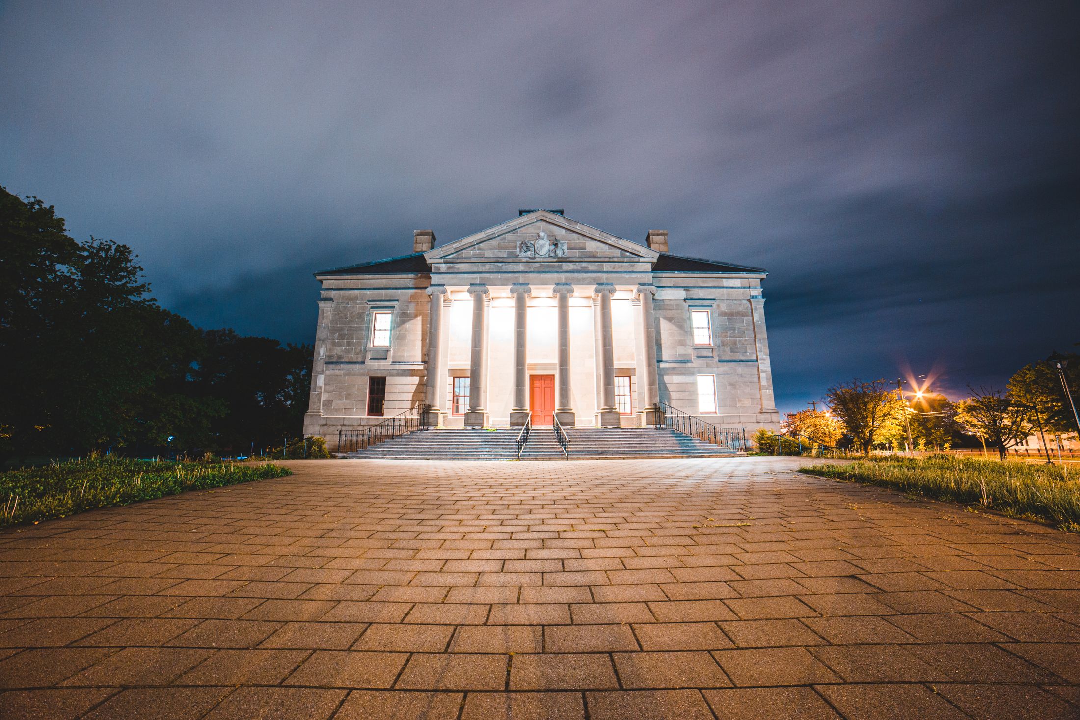 Historic building beneath an evening sky